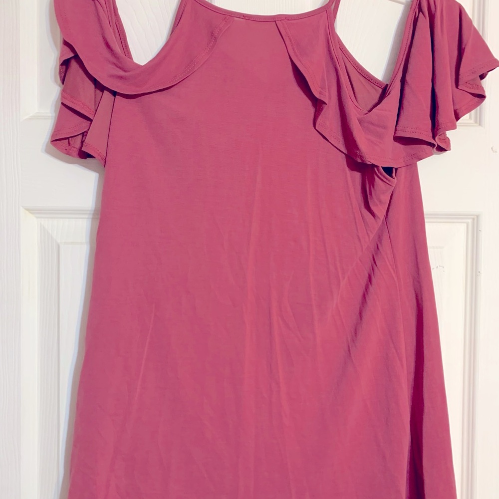 ❌DONATED❌Rose Pink Tie Neck Cold Shoulder Ruffle Sleeve Top - Picture 8 of 10